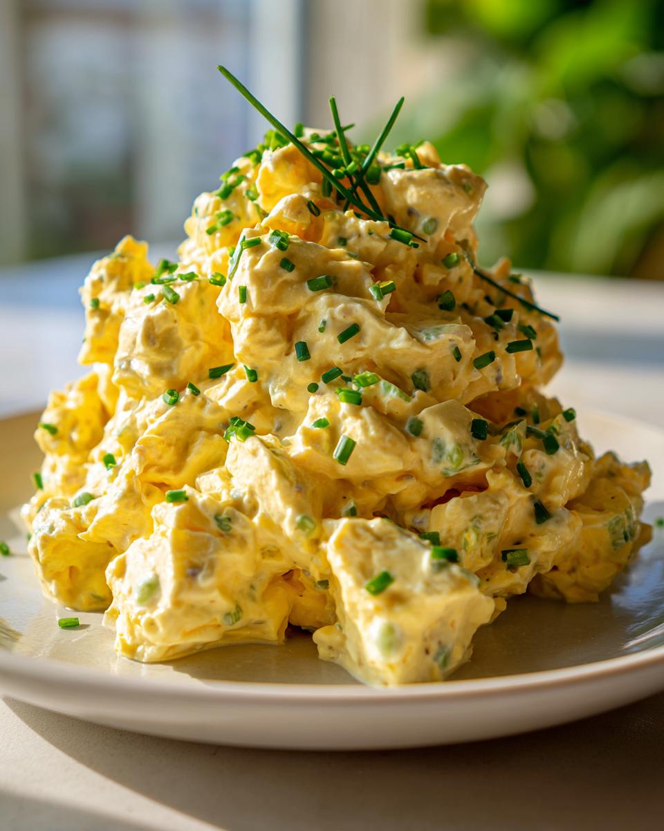 A tall mound of creamy, yellow egg salad garnished generously with fresh chopped chives on a white plate.
