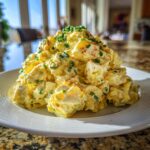 A large mound of creamy, yellow egg salad garnished with chopped chives and paprika on a white plate.