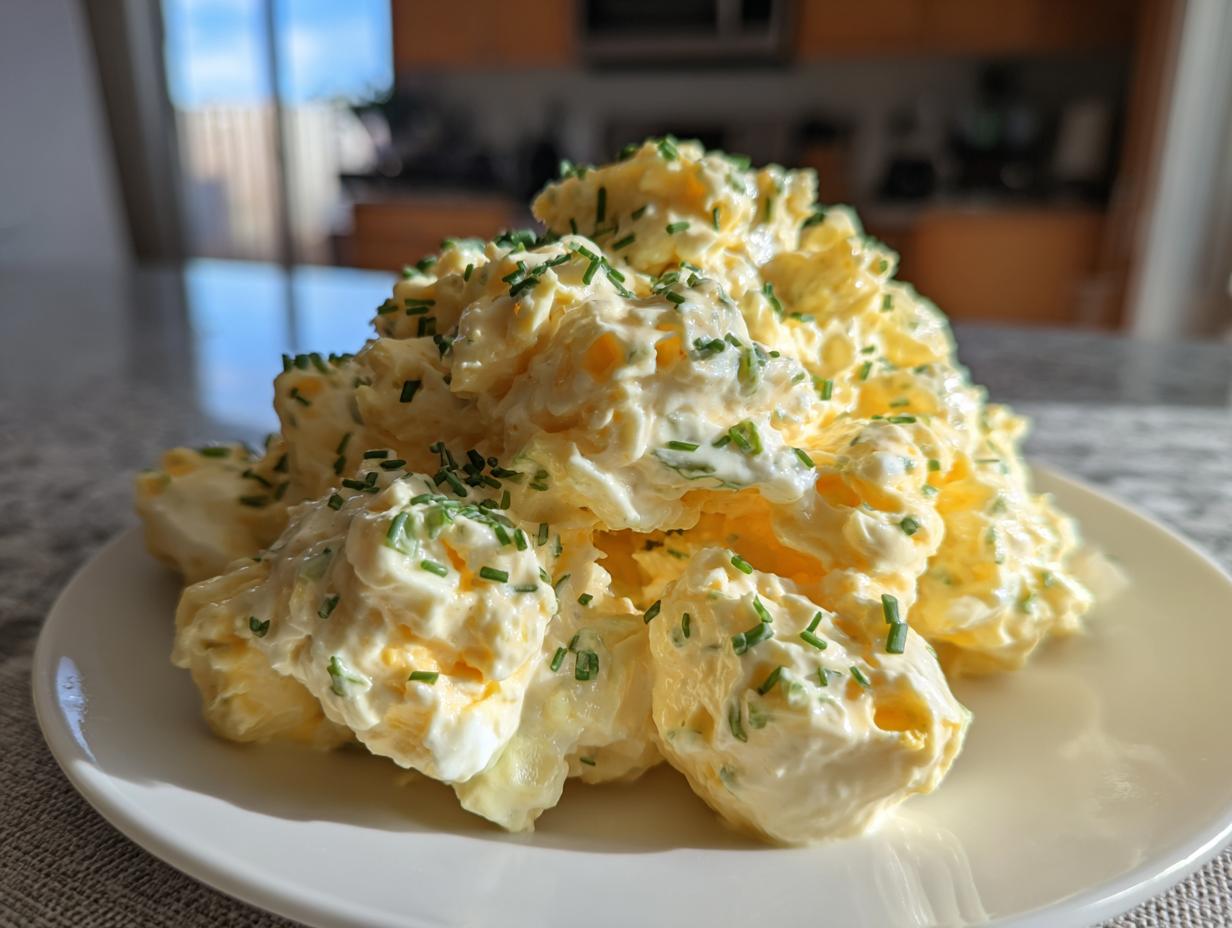 A generous mound of creamy egg salad, richly mixed with mayonnaise and topped with fresh green chives, served on a white plate.