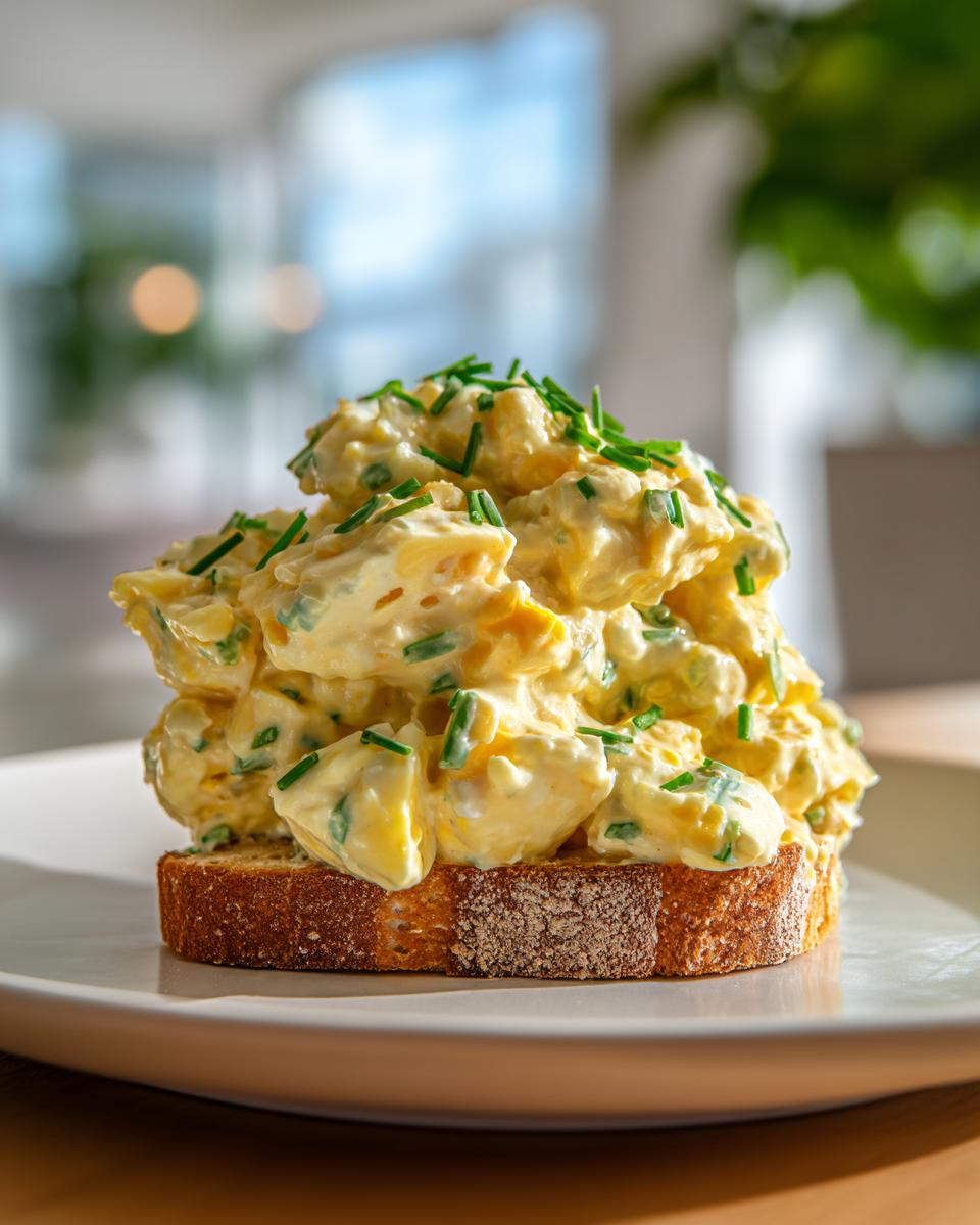A generous mound of creamy egg salad, topped with fresh chives, served open-faced on a slice of toasted bread.