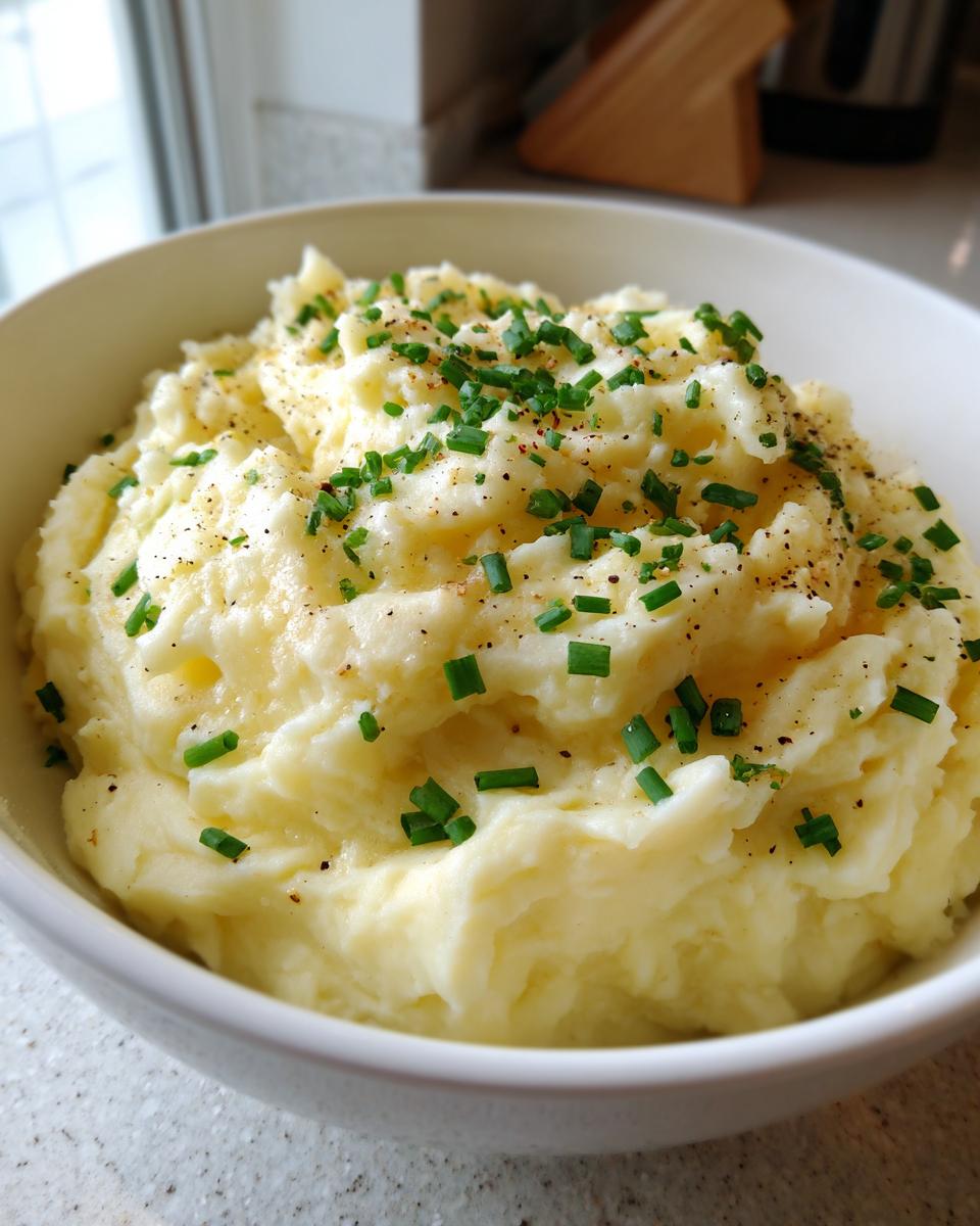 A close-up of creamy, fluffy garlic mashed potatoes served in a white bowl and garnished with chopped chives and pepper.