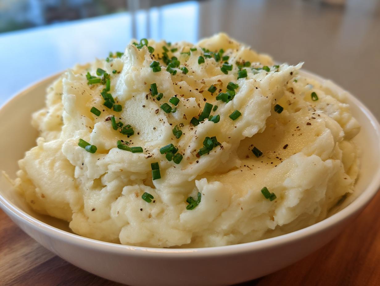 A close-up of a white bowl filled with creamy garlic mashed potatoes, topped with fresh chives and black pepper.