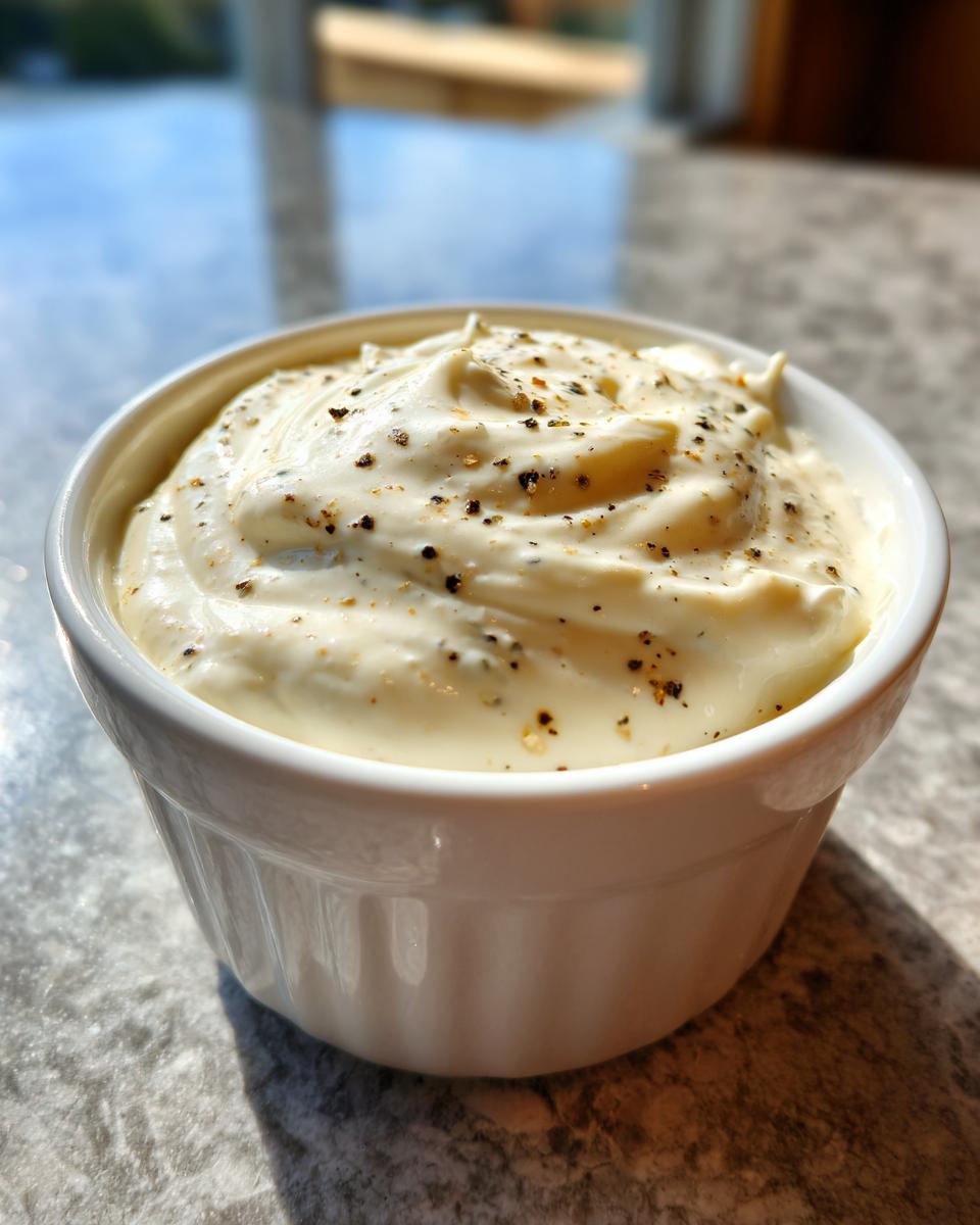 Close-up of a white ramekin filled with thick, creamy garlic sauce, topped with coarse black pepper.