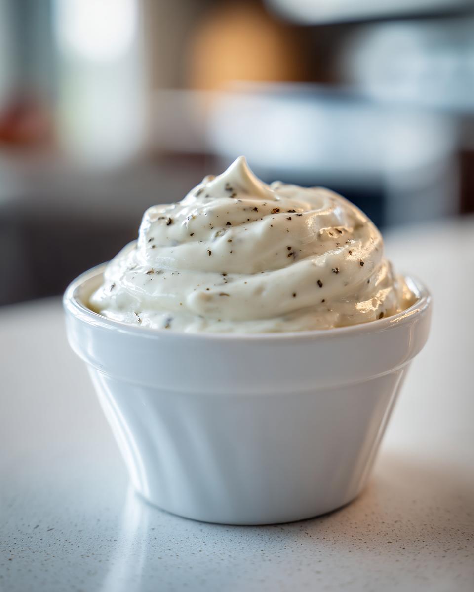 A swirl of creamy garlic sauce, speckled with herbs, served in a small white ramekin.