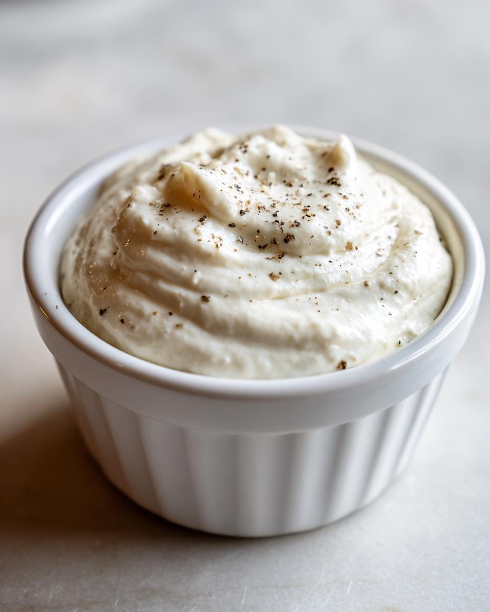 Close-up of thick, creamy garlic sauce topped with cracked black pepper in a small white ramekin.