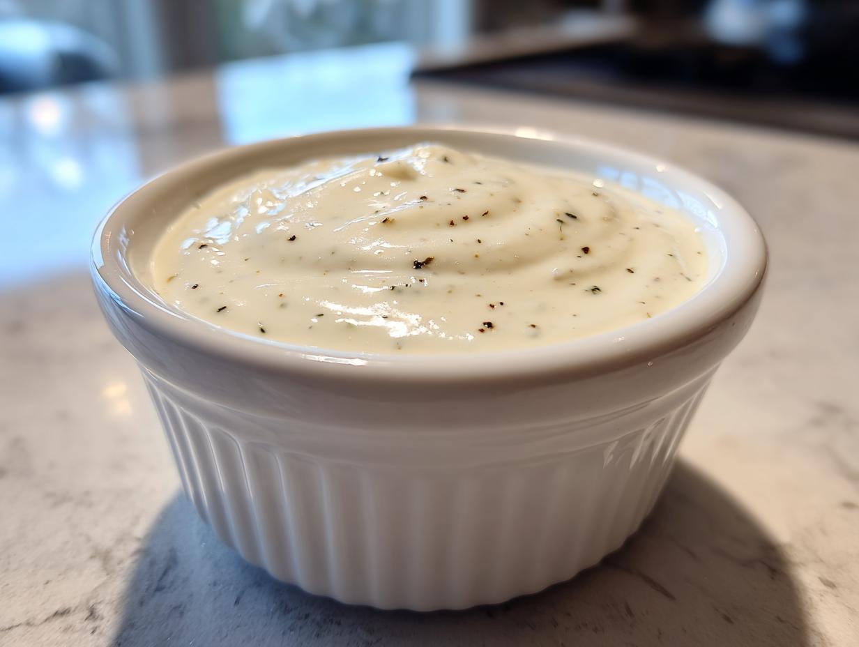 Close-up of creamy garlic sauce, seasoned with pepper and herbs, served in a small white ramekin.