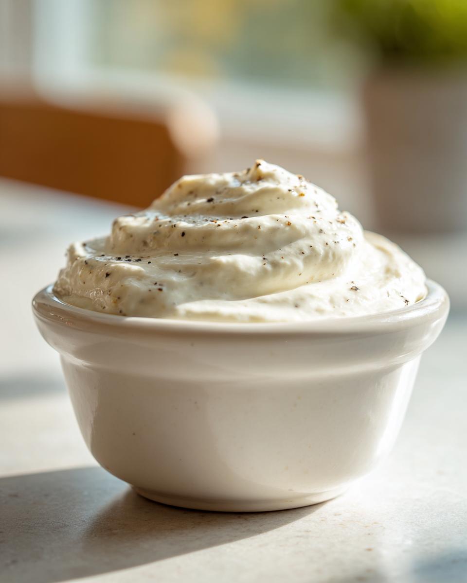 A close-up of thick, creamy garlic sauce swirled high in a white bowl, topped with cracked black pepper.
