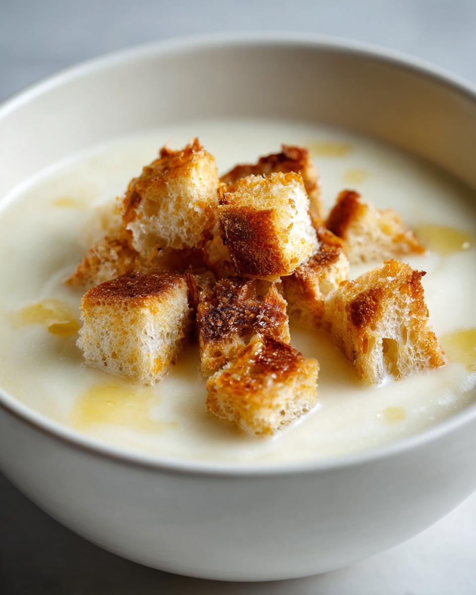 Close-up of creamy white garlic soup topped with golden, toasted croutons and a drizzle of oil.