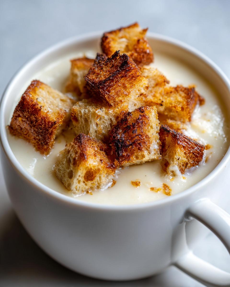 Close-up of creamy white garlic soup topped with golden brown, toasted croutons in a white mug.