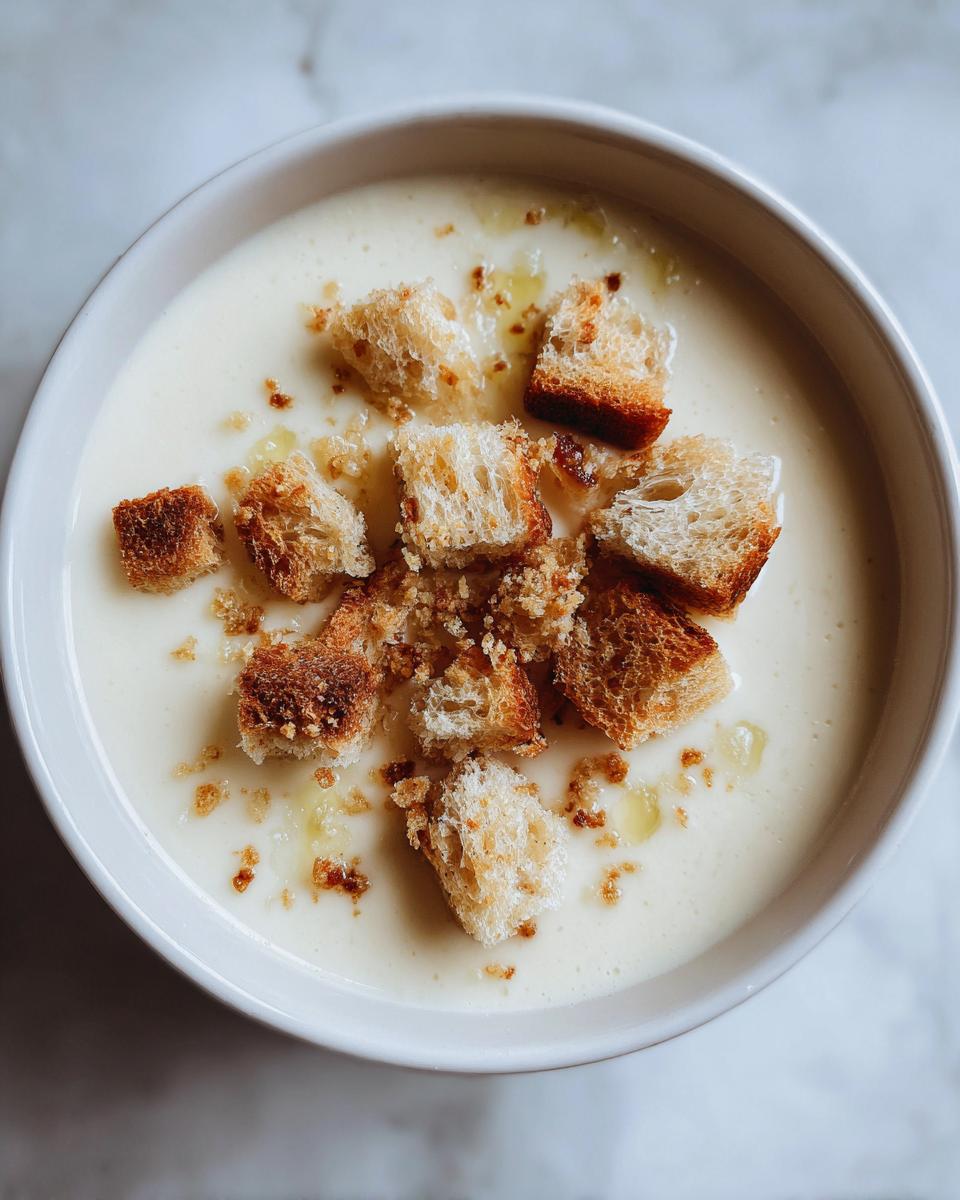 Overhead view of a creamy white bowl of garlic soup topped with golden brown croutons and a drizzle of oil.