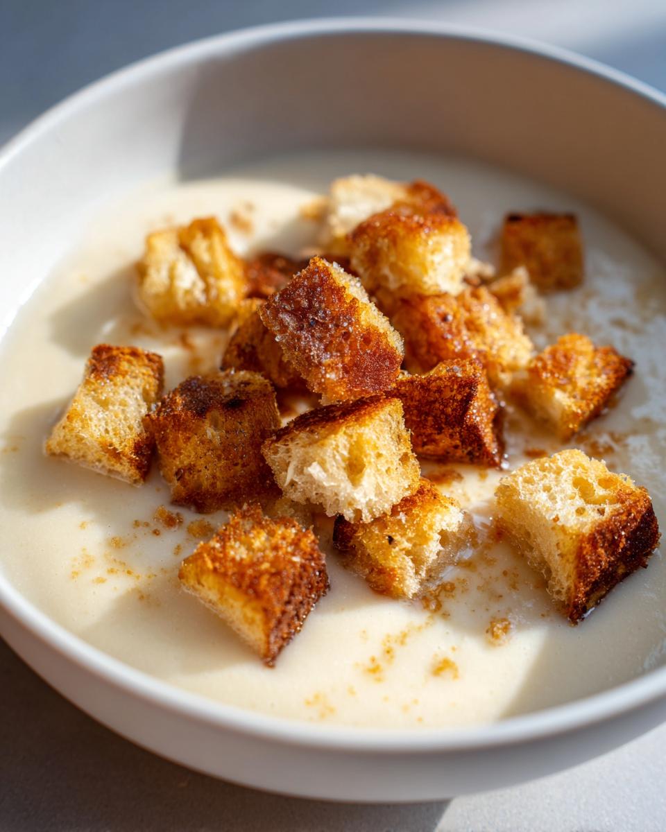 Close-up of creamy white garlic soup in a bowl, topped generously with golden brown, toasted croutons.