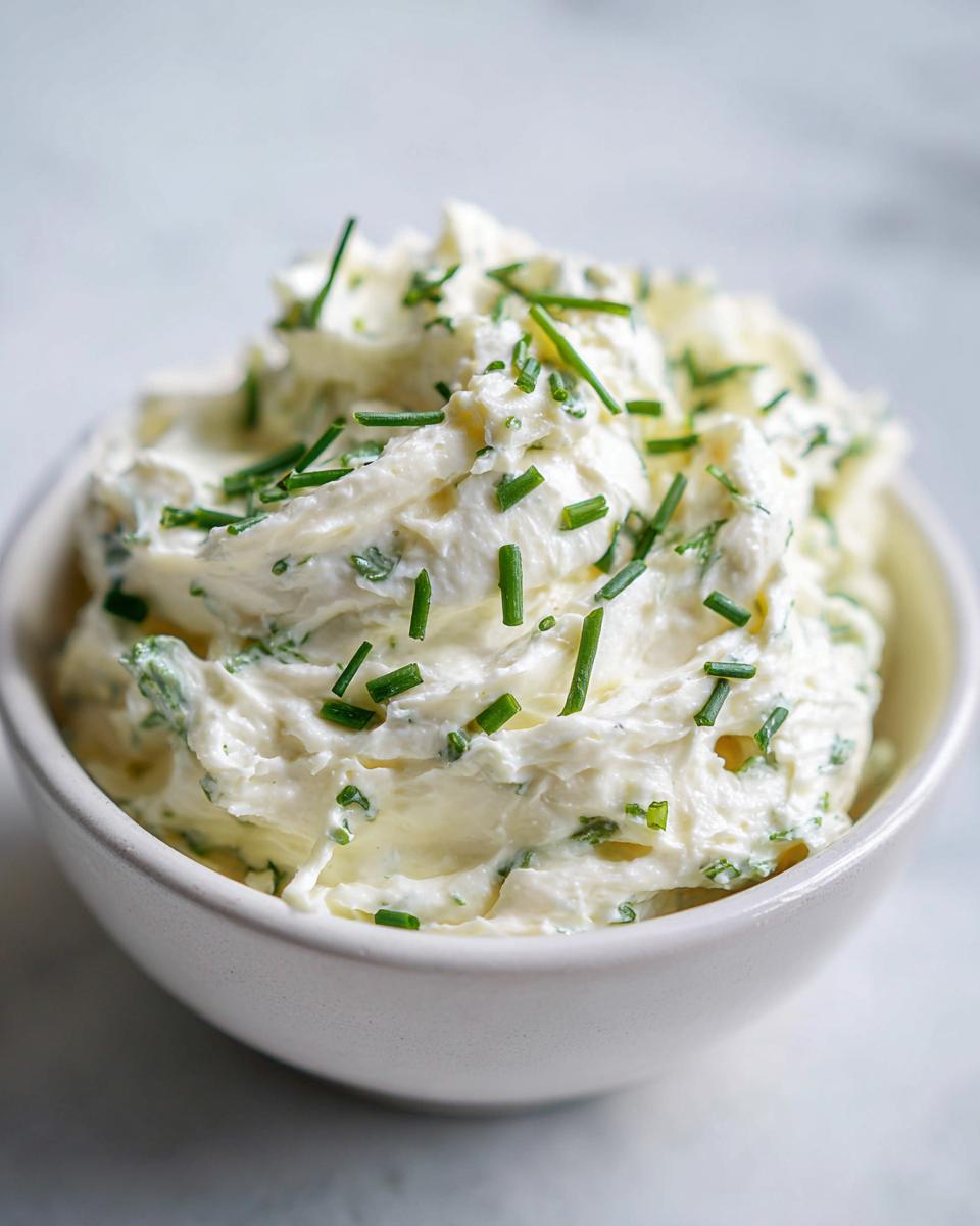 Close-up of a bowl of creamy, white horseradish sauce mixed with green chives.