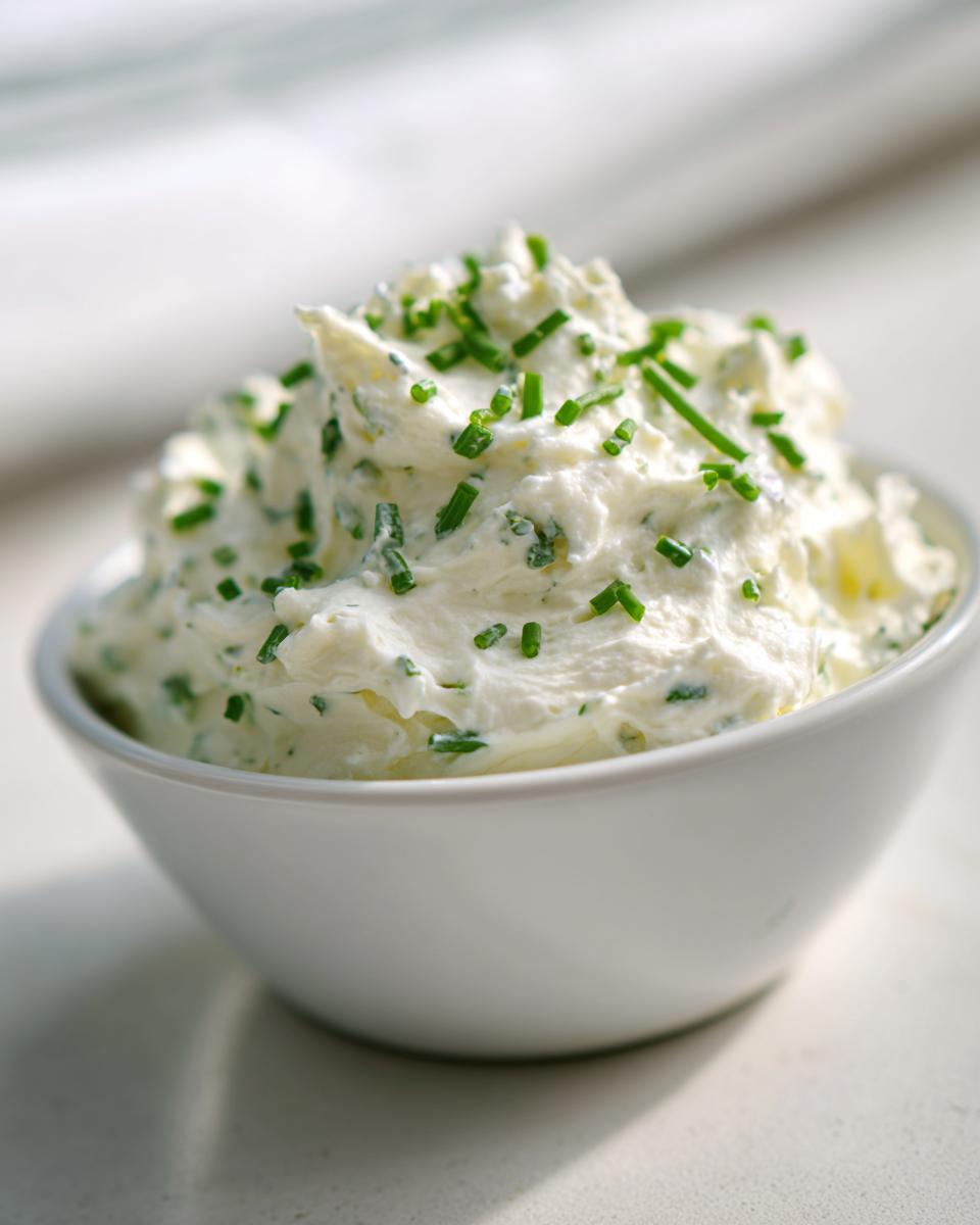 A white bowl filled with creamy horseradish sauce, garnished generously with fresh green chives.