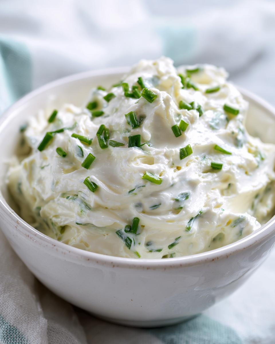 Close-up of creamy horseradish sauce mixed with fresh green chives, served in a white bowl.