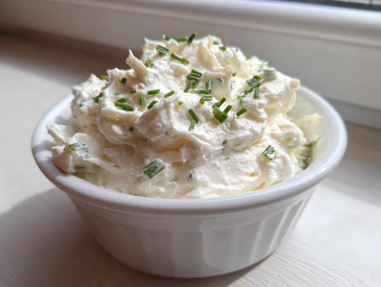 A small white bowl filled with creamy horseradish sauce, garnished with fresh chopped chives.