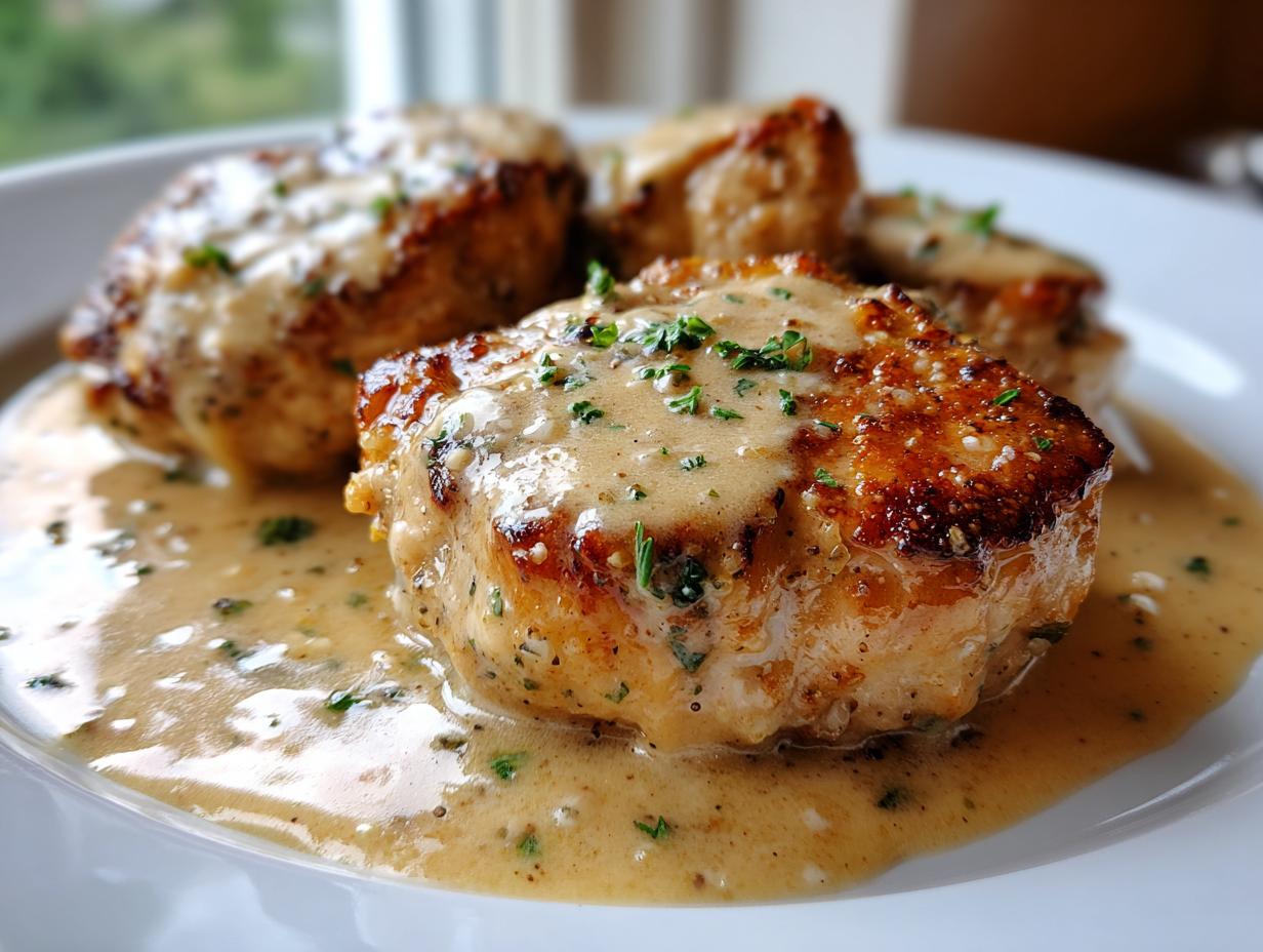 Close-up of pan-seared chicken breasts smothered in a rich, creamy lemon chicken sauce and sprinkled with parsley.