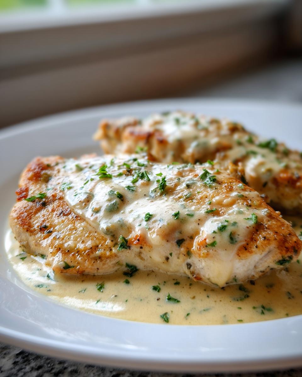 Two pan-seared chicken breasts covered in a rich, creamy lemon sauce and sprinkled with fresh parsley.