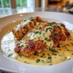 Two golden-brown pieces of creamy lemon chicken smothered in a rich, creamy sauce and topped with fresh parsley.