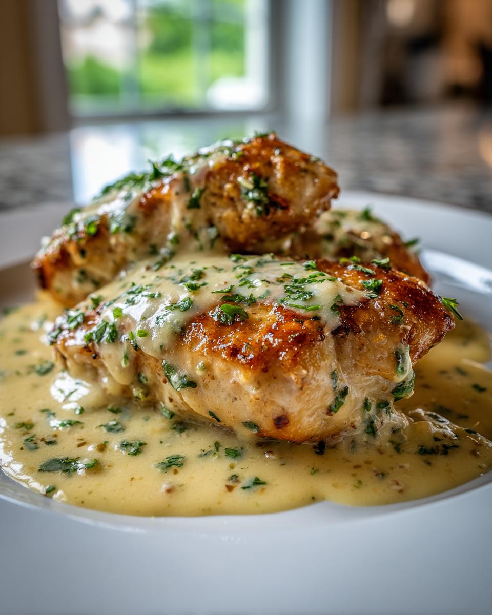 Two golden-brown chicken breasts smothered in a rich, creamy lemon sauce and topped with fresh parsley.