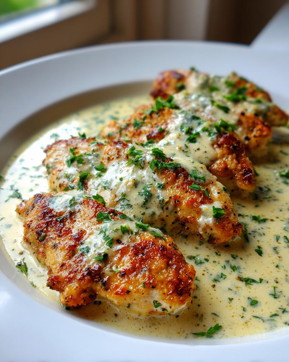 Four golden-brown chicken breasts smothered in a rich, creamy lemon chicken sauce and garnished with parsley.