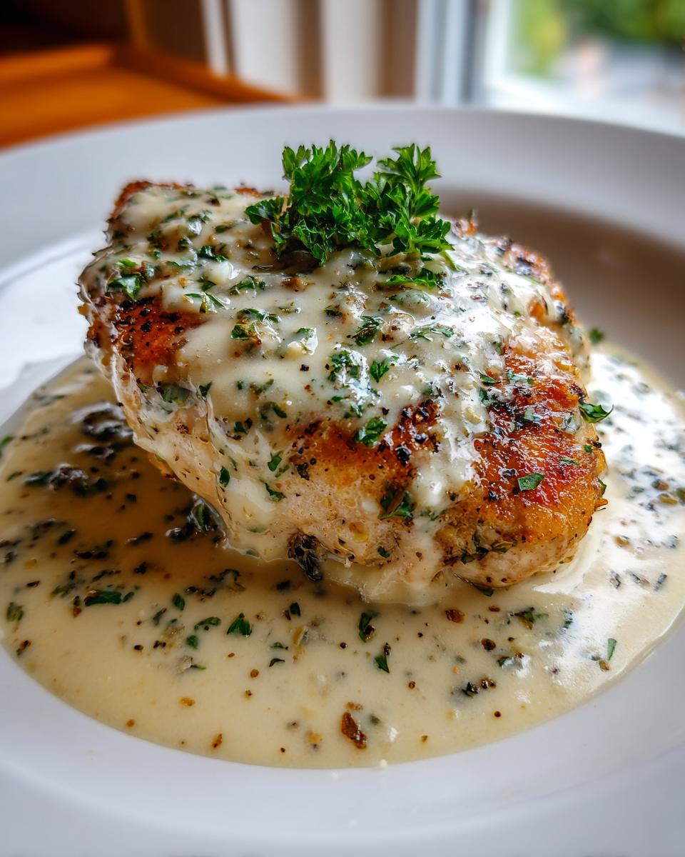 Close-up of a pan-seared chicken breast smothered in a rich, creamy lemon sauce and topped with fresh parsley.