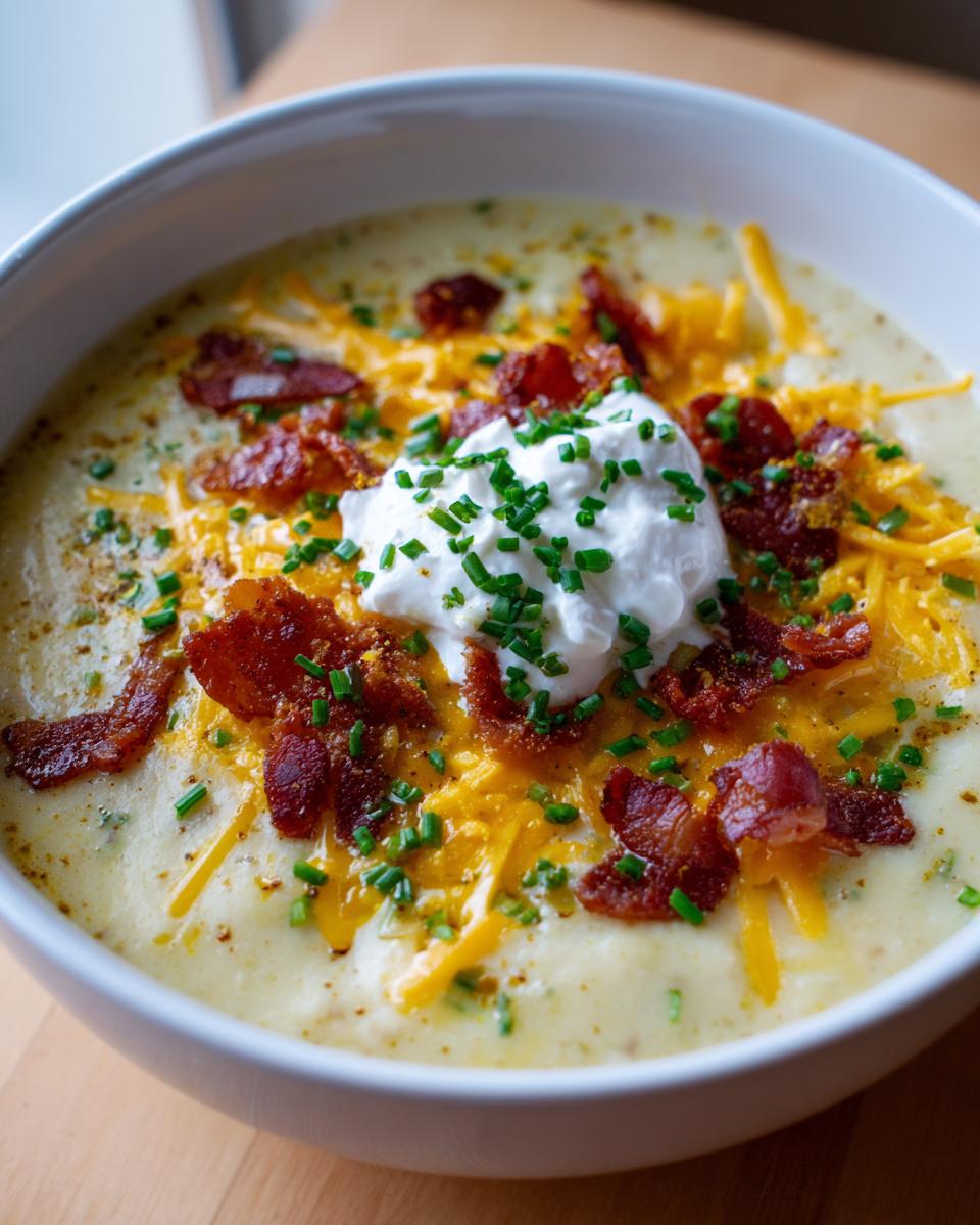 A close-up of a bowl of creamy Loaded Baked Potato Soup topped with shredded cheddar, bacon bits, sour cream, and chives.