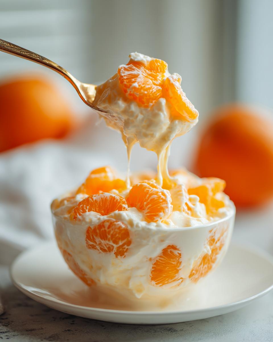A spoonful of creamy mandarin orange salad being lifted from a white bowl, showing dripping dressing.