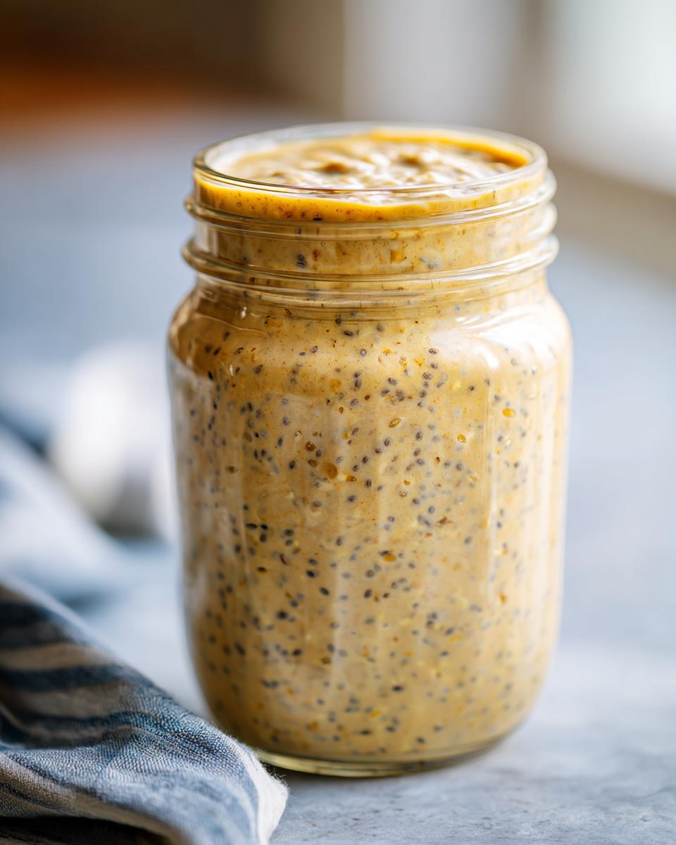Close-up of creamy, yellow-hued overnight oats mixed with visible chia seeds in a glass mason jar.