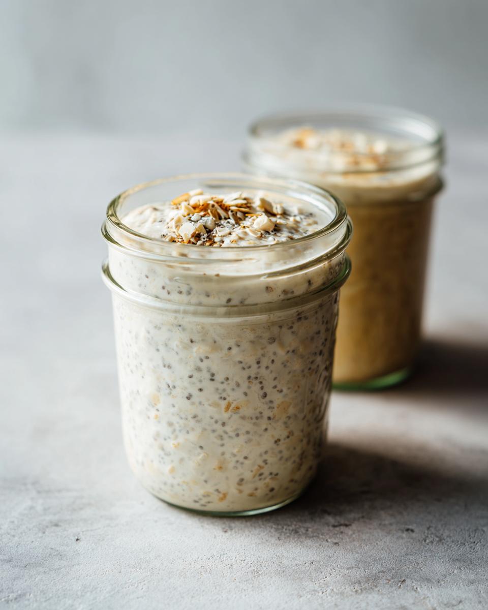 Two jars of creamy overnight oats, one in focus topped with nuts and oats, ready for breakfast.