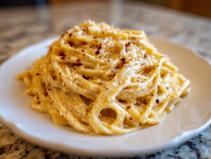 A close-up of a mound of creamy parmesan pasta topped with grated cheese and red pepper flakes.