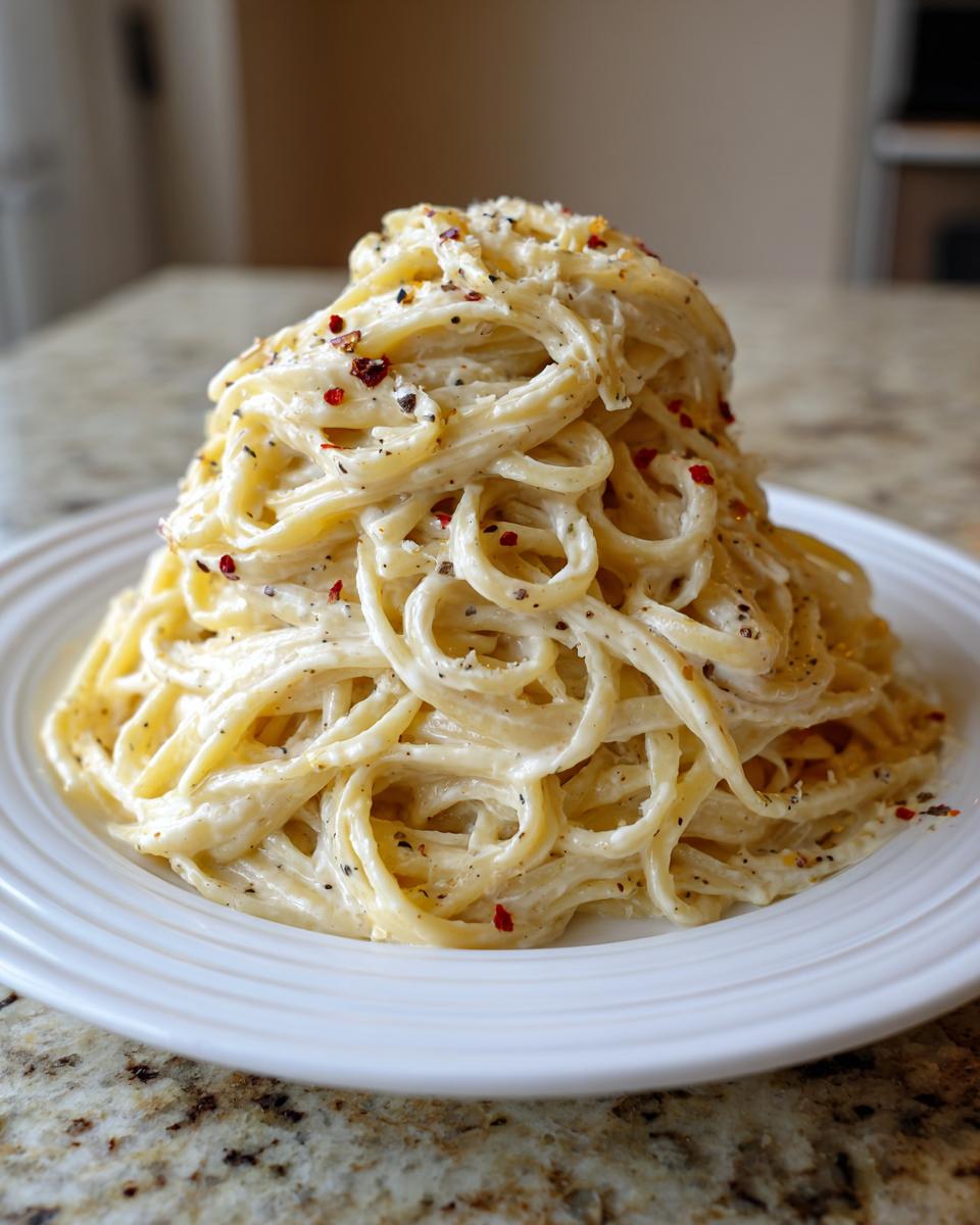 A tall, swirling mound of creamy parmesan pasta topped with black pepper and red pepper flakes on a white plate.
