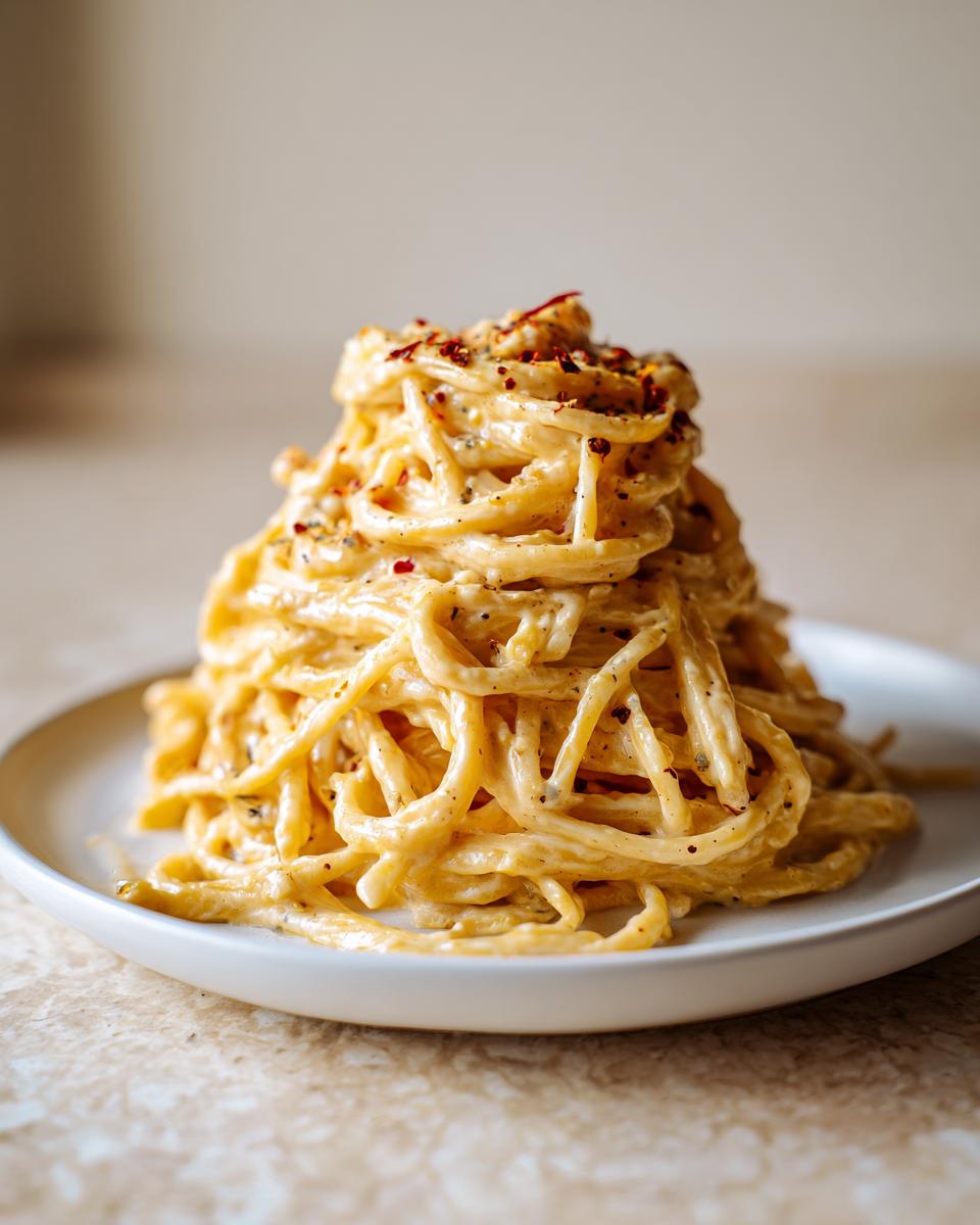 A tall mound of creamy parmesan pasta tossed in a rich sauce and topped with red pepper flakes.