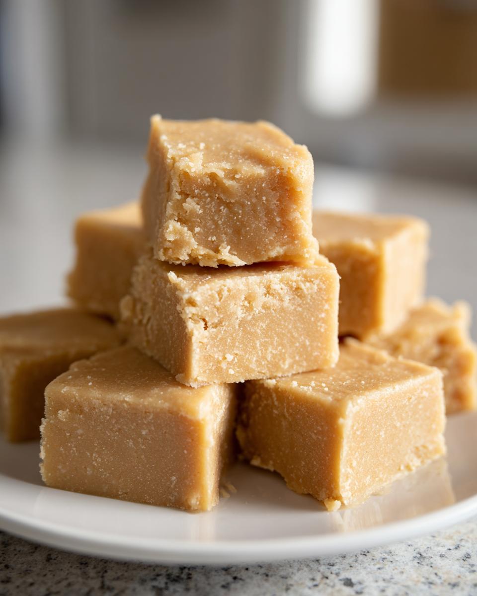 A stack of creamy, light brown squares of homemade peanut butter fudge recipe on a white plate.