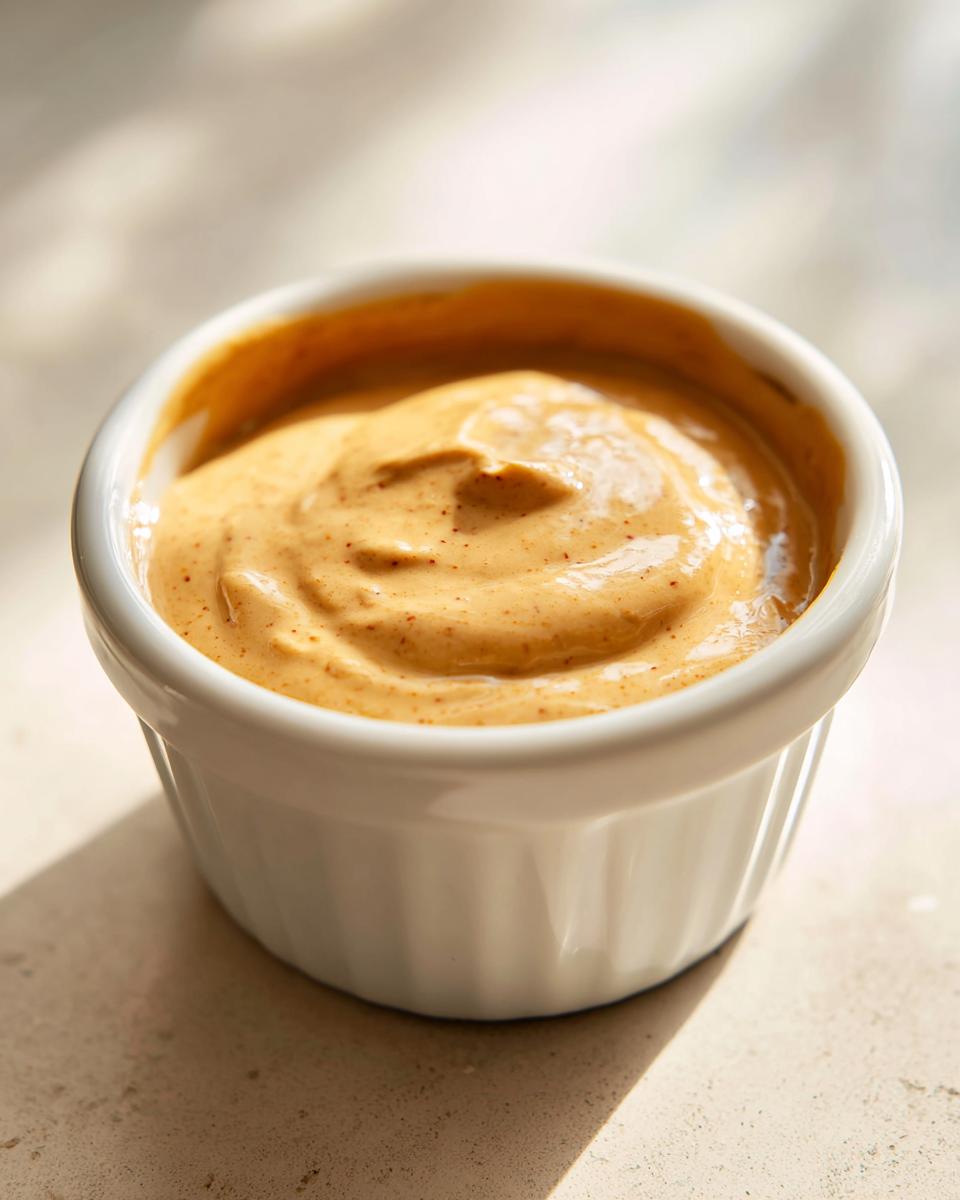 Close-up of thick, creamy peanut sauce swirled in a small white ramekin, showing reddish spice flecks.