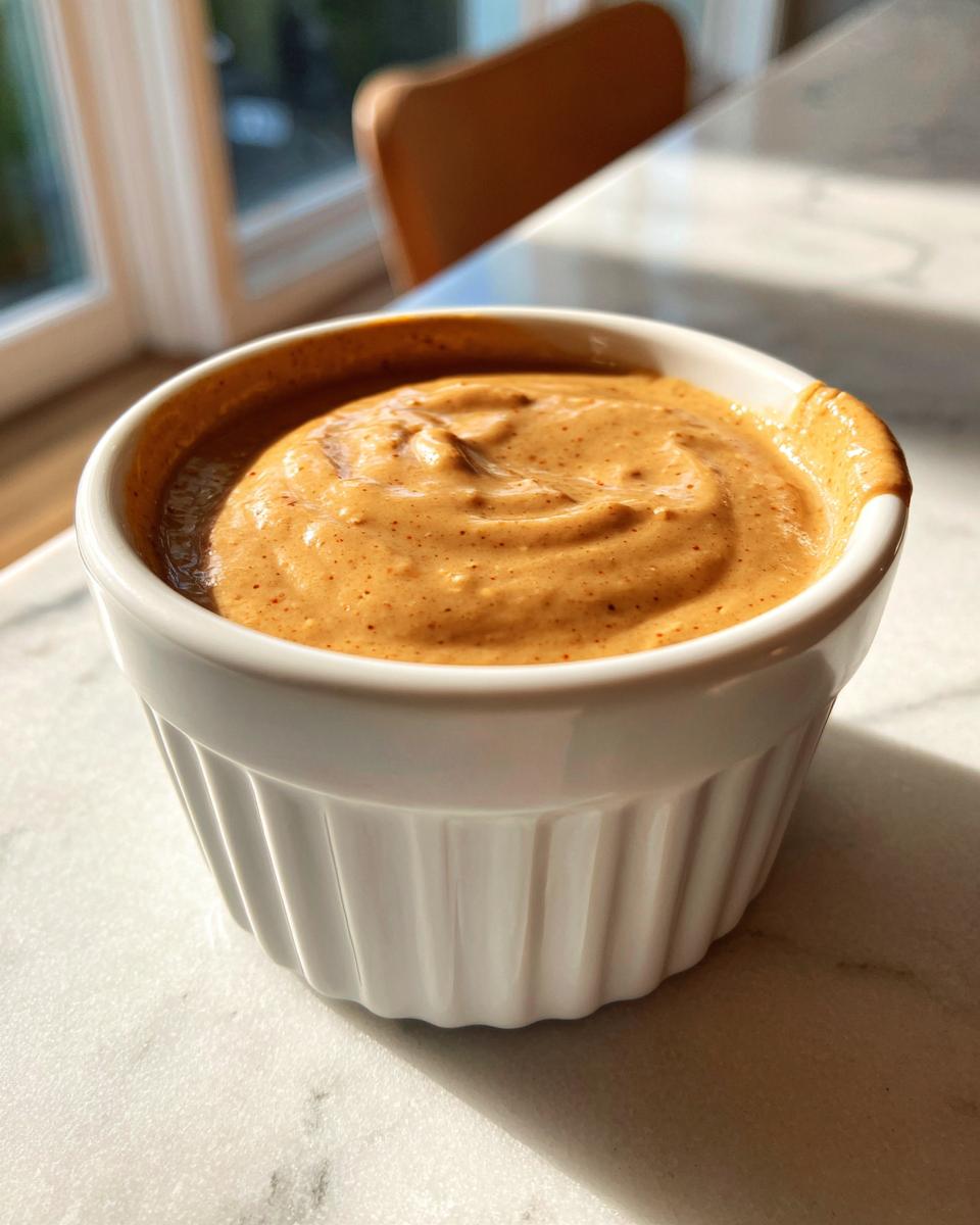 Close-up of thick, creamy peanut sauce with visible spices in a white fluted ramekin.