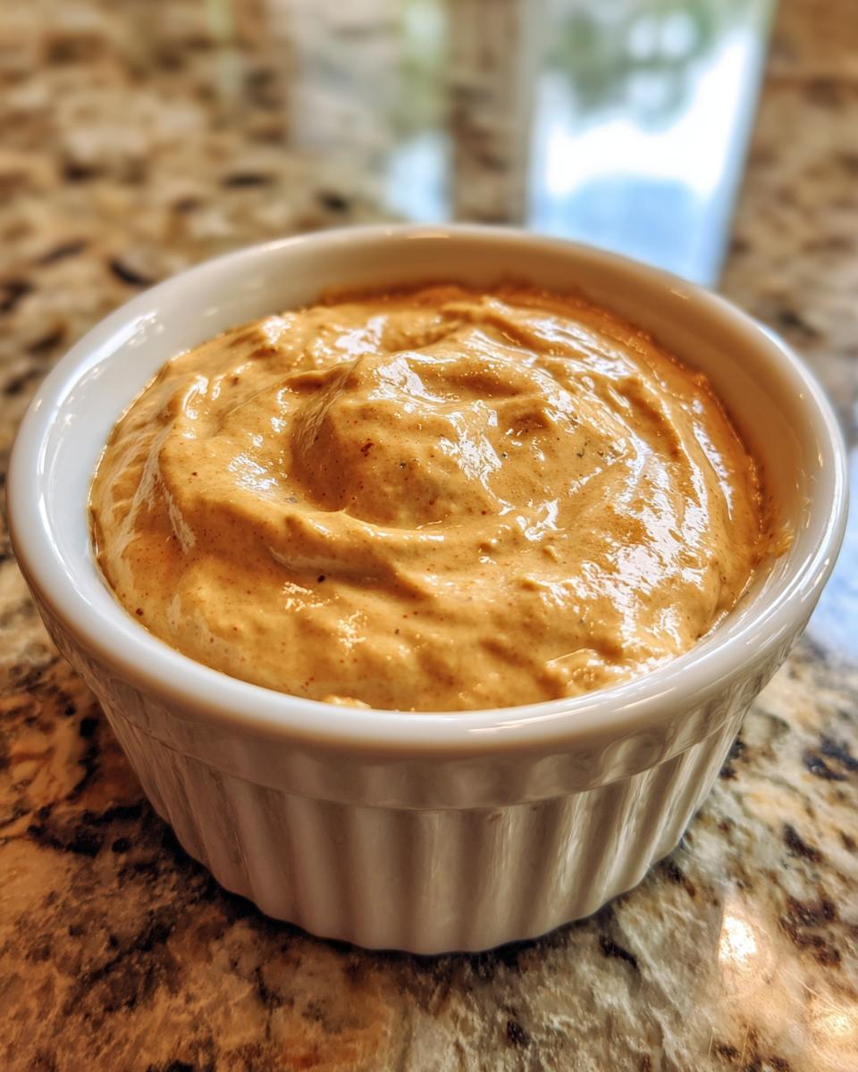 Close-up of thick, creamy peanut sauce served in a small white fluted ramekin on a granite countertop.
