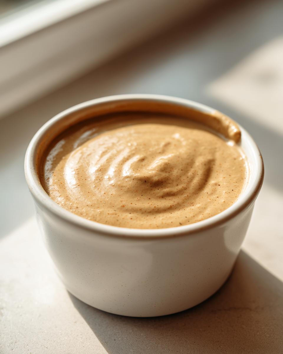 Close-up of thick, creamy peanut sauce with visible swirls in a small white dipping bowl.