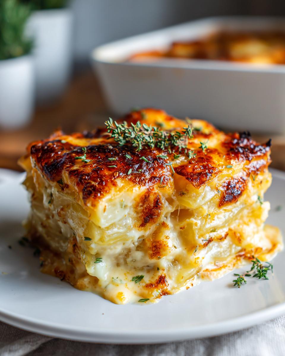 A decadent, layered slice of potatoes au gratin with a golden-brown, cheesy crust, garnished with fresh thyme.