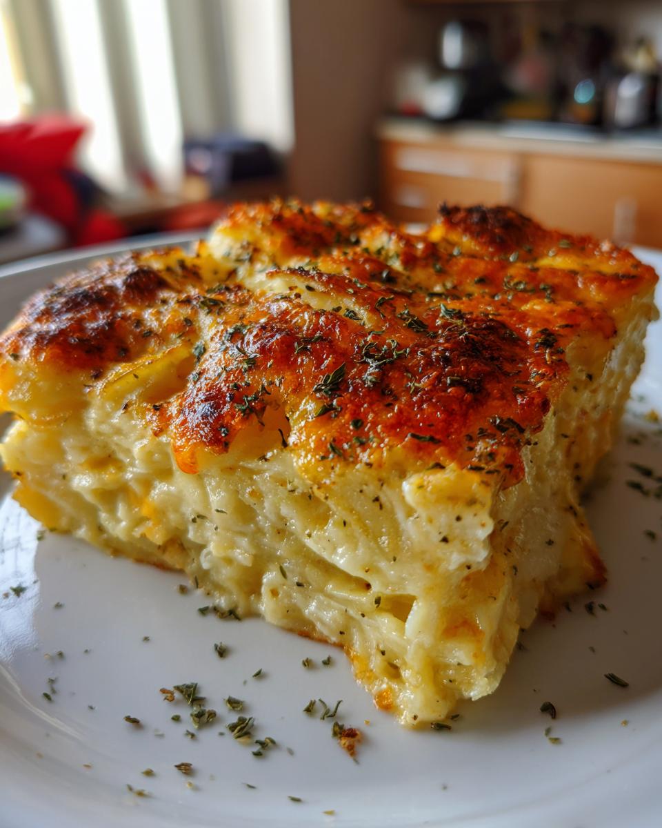 A thick, golden-brown slice of rich potatoes au gratin with a cheesy, baked top, served on a white plate.