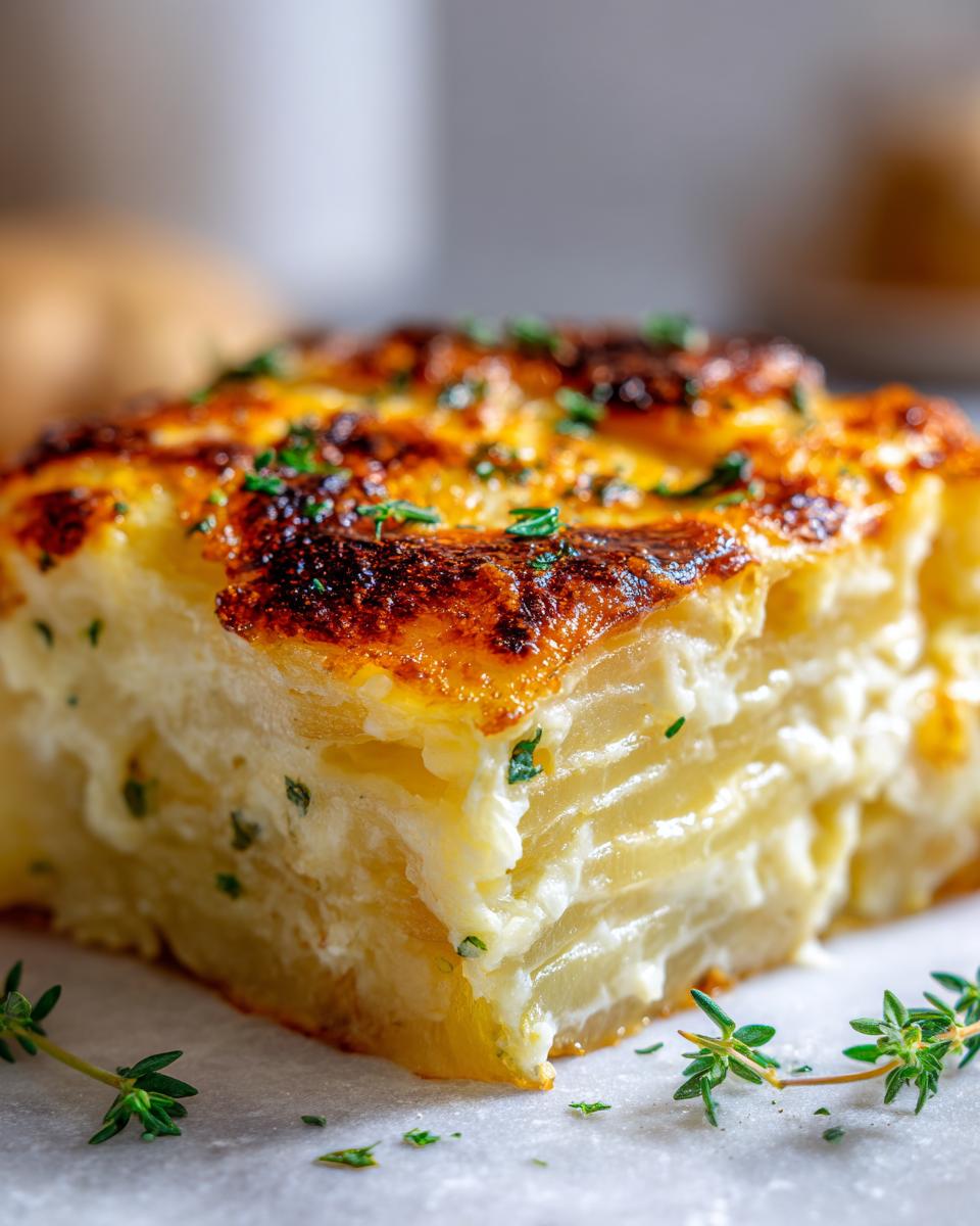 A rich, golden-brown slice of potatoes au gratin showing layers of thinly sliced potatoes baked in cream sauce.