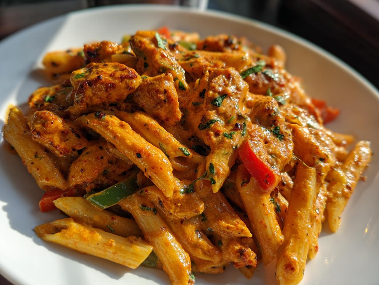 A close-up shot of vibrant, creamy Rasta Pasta featuring penne, chicken pieces, and colorful bell peppers.