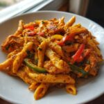 Close-up of creamy Rasta Pasta featuring penne, chicken pieces, and colorful bell peppers in a rich orange sauce.