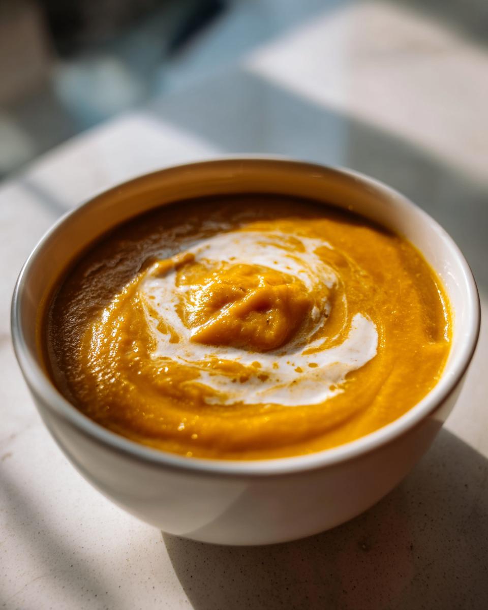 Close-up of creamy, bright orange roasted butternut squash soup topped with a swirl of white cream.