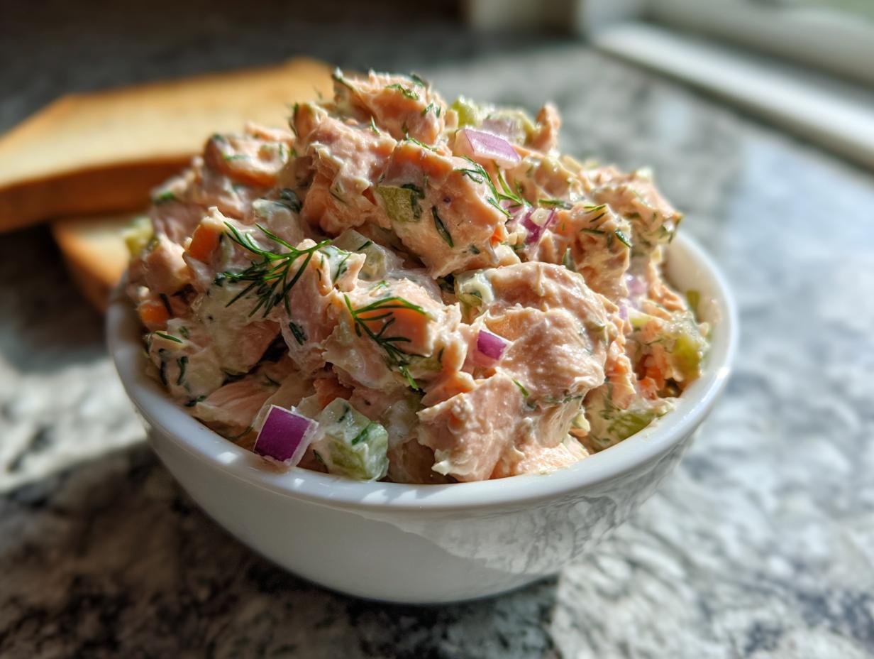 A close-up of creamy salmon salad mixed with celery, red onion, and dill, served in a white bowl next to toast.