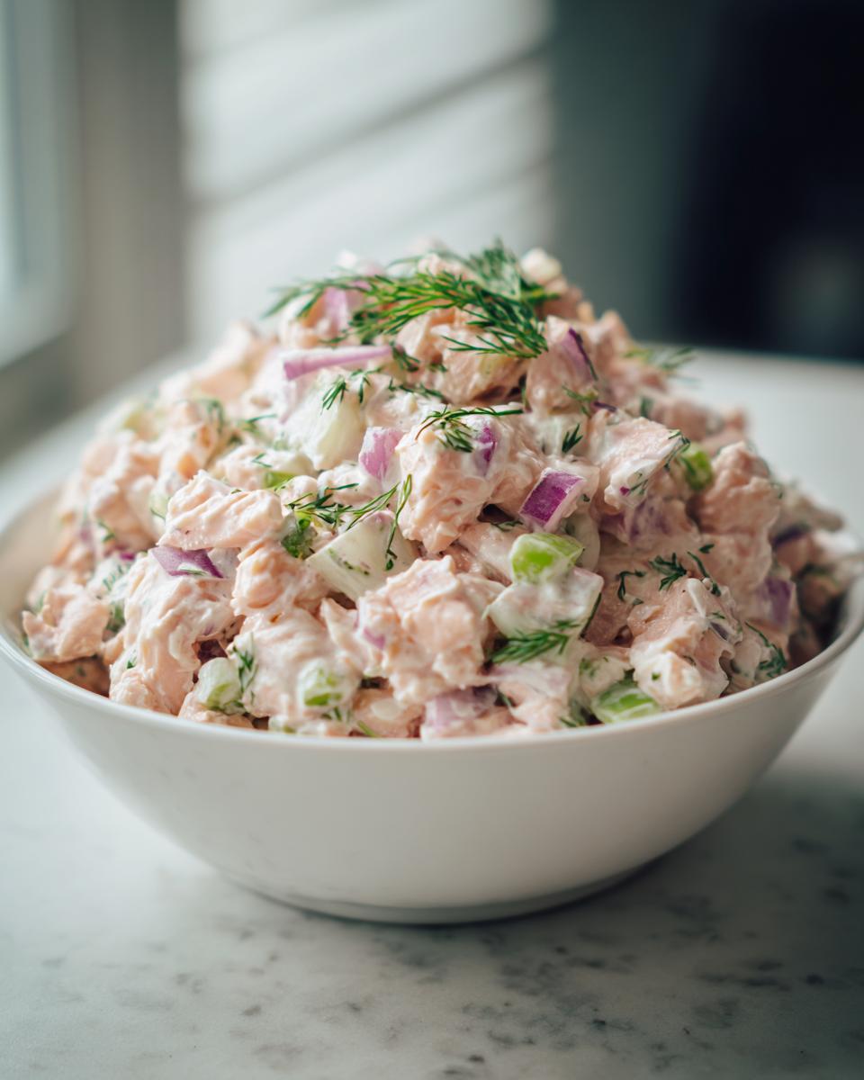 Close-up of creamy salmon salad mixed with red onion and celery, topped with fresh dill.