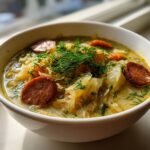 A close-up of a creamy bowl of sauerkraut soup topped with sliced sausage, carrots, and fresh dill.