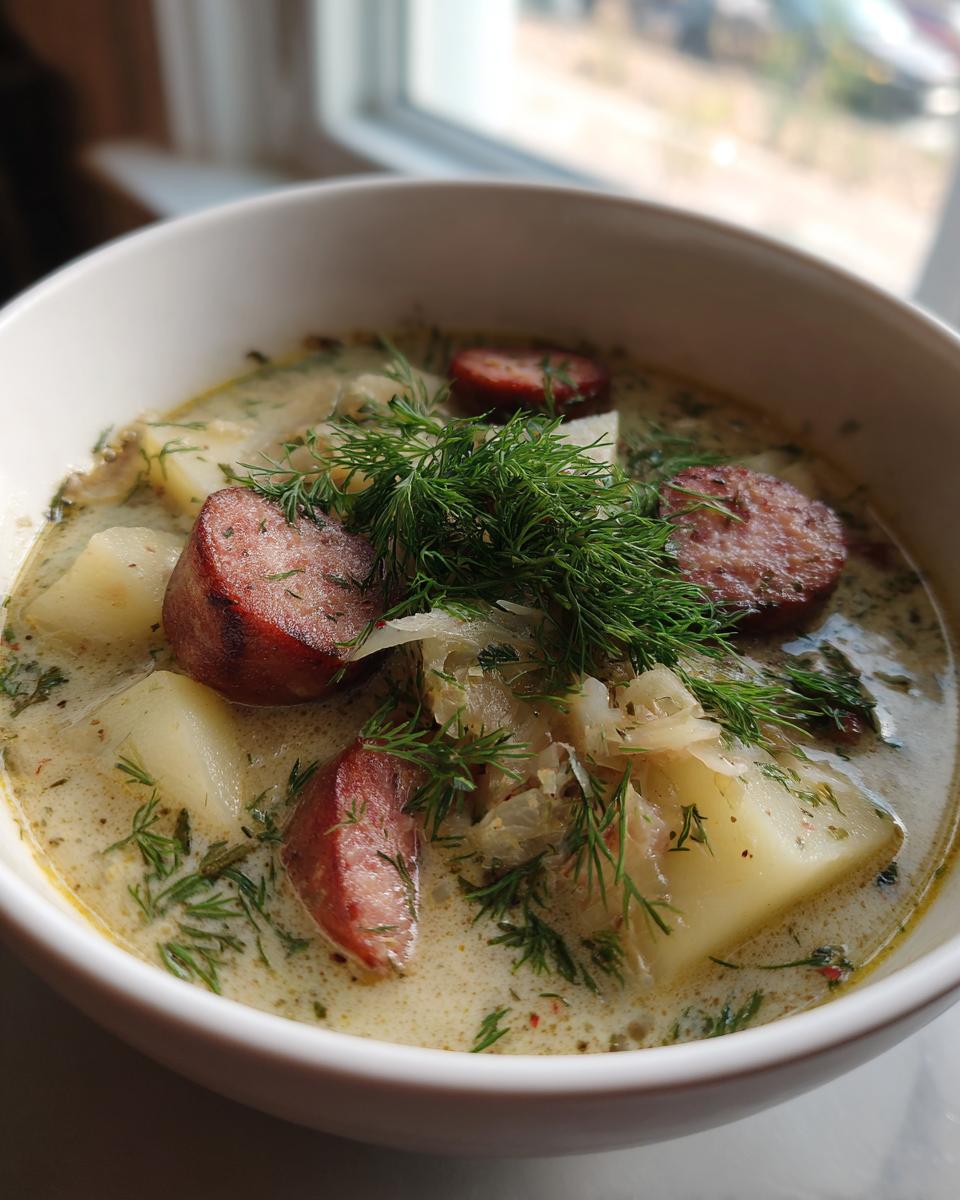 Close-up of a bowl of creamy sauerkraut soup featuring chunks of potato, sliced smoked sausage, and fresh dill garnish.