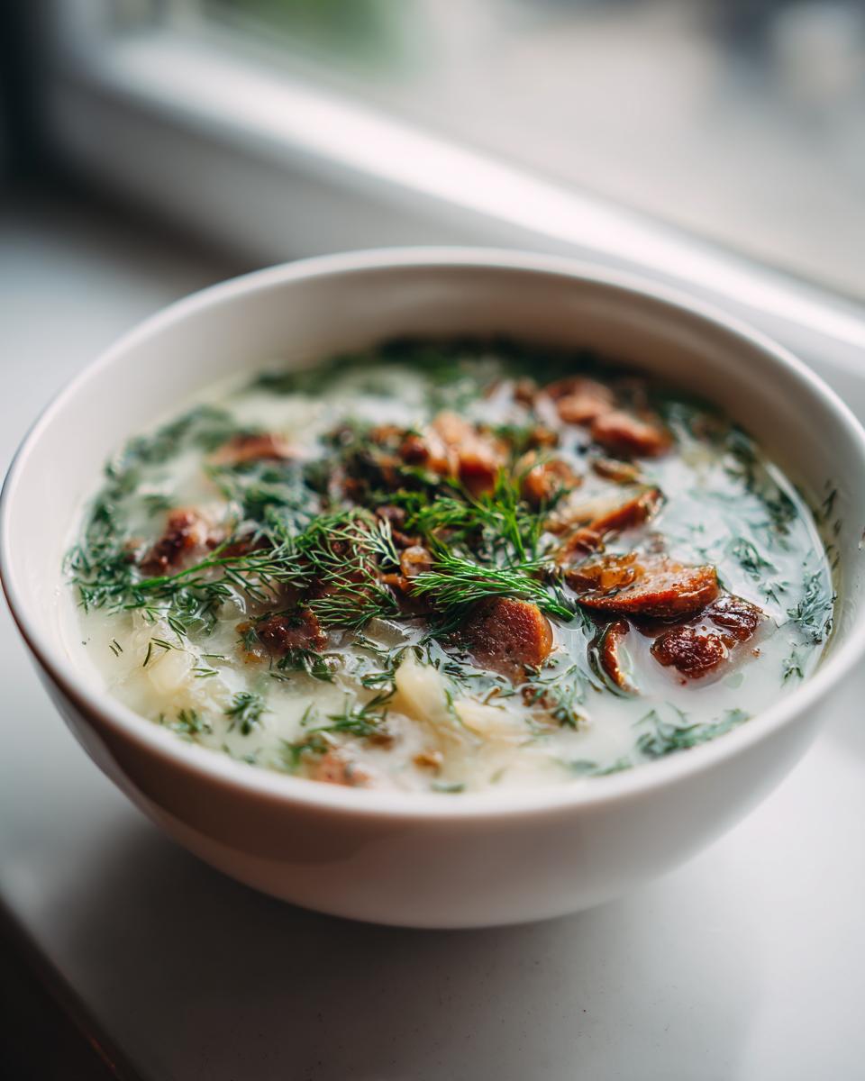 Close-up of a bowl of creamy sauerkraut soup topped with sliced sausage and fresh dill.