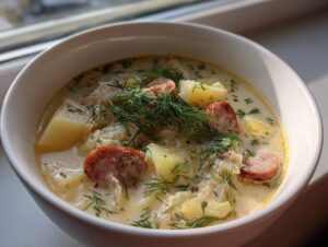A close-up of a bowl of creamy sauerkraut soup featuring chunks of potato, sliced sausage, and fresh dill.