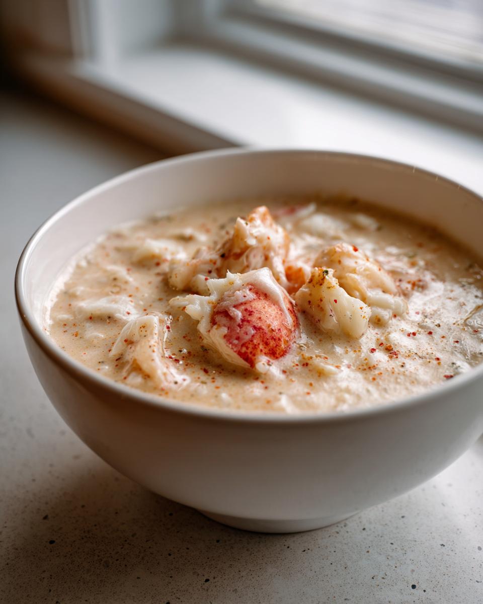 Close-up of a white bowl filled with creamy she crab soup, topped with large chunks of crab meat and paprika.